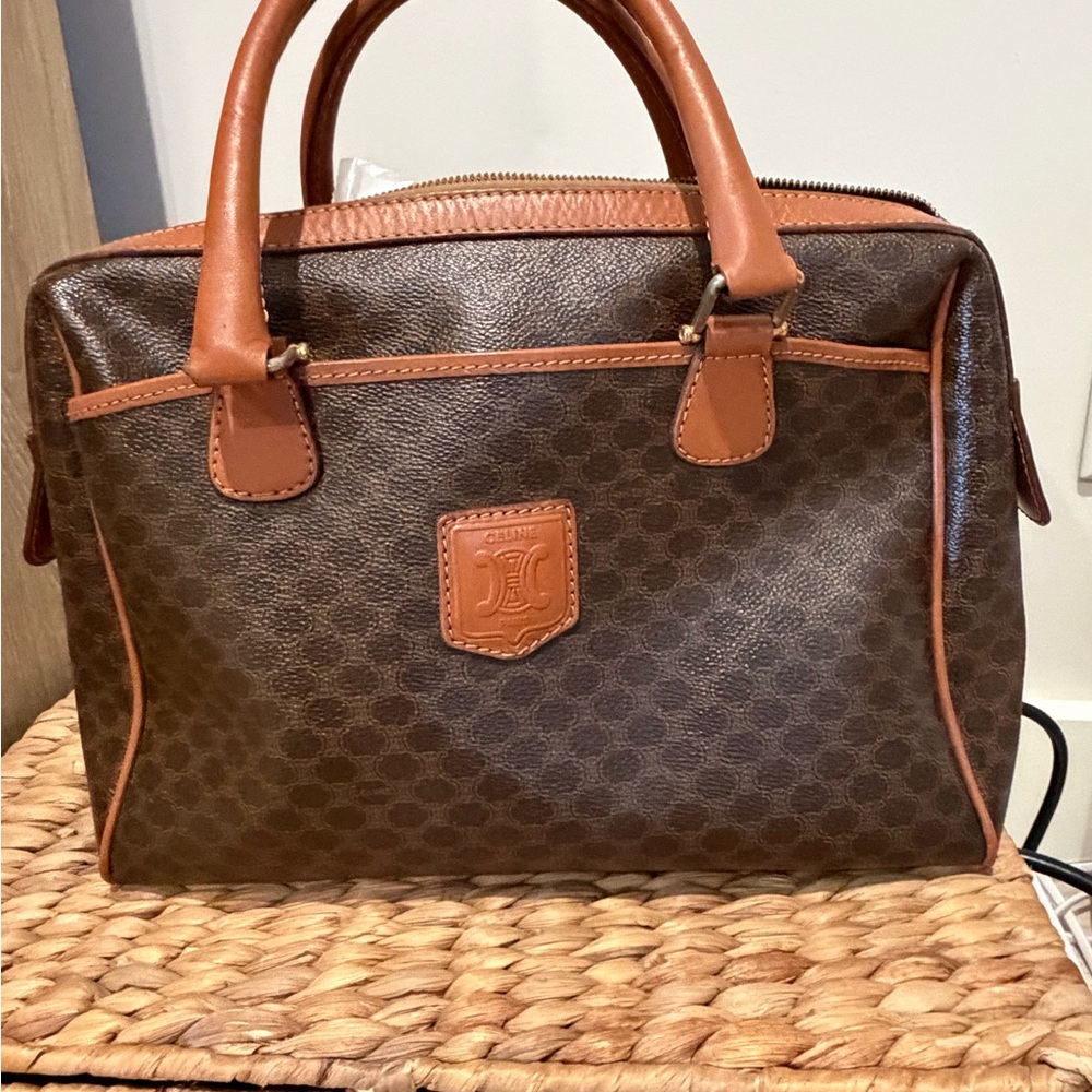 Celine Brown Macadam Canvas Top-Handle Boston Bag